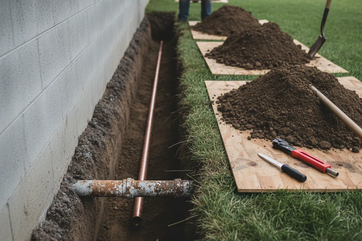 Excavated water line trench during Sewer Line Repair in Herrin